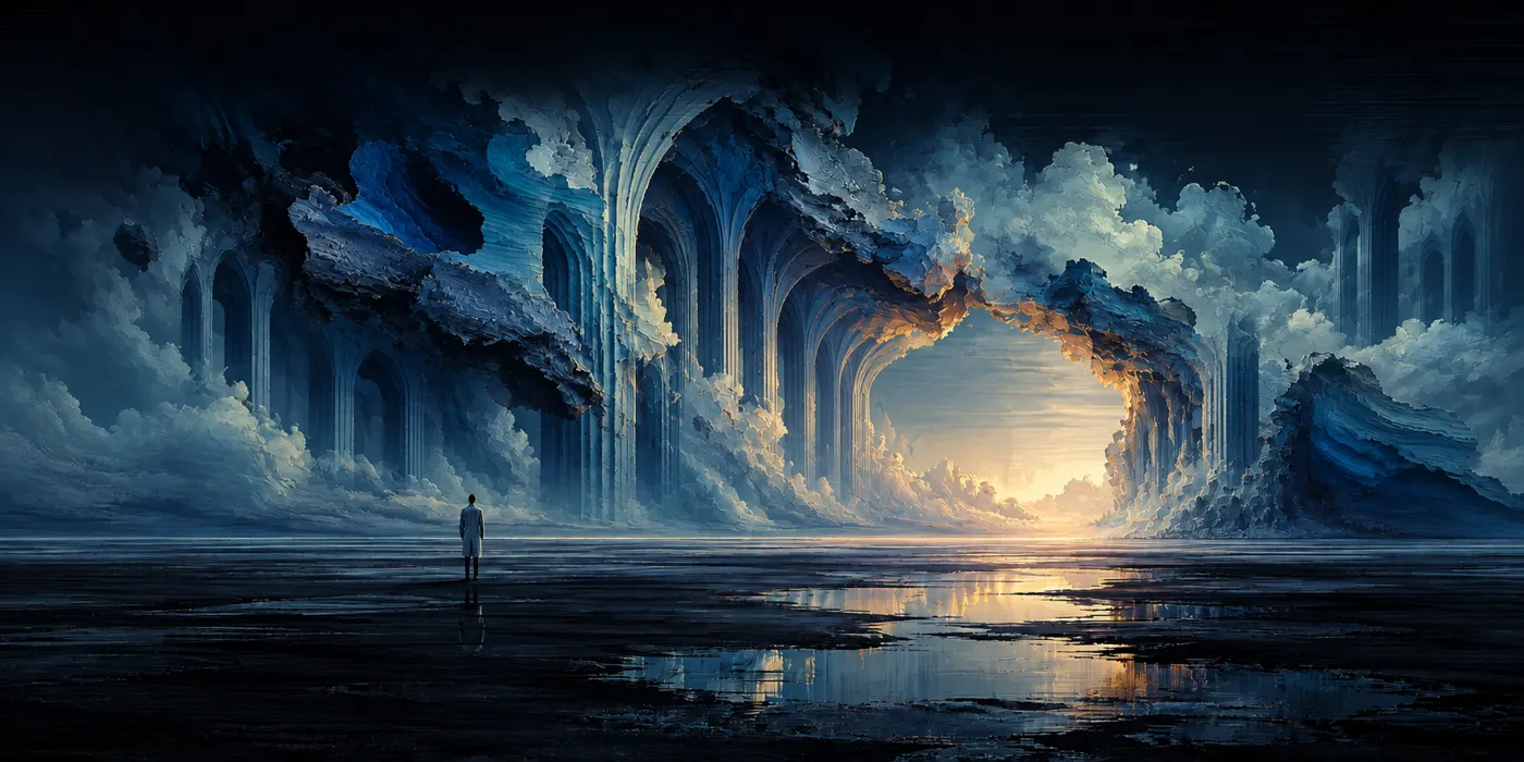 A tiny researcher beneath monumental blue arches emerging from thick painted clouds, reflected in water.